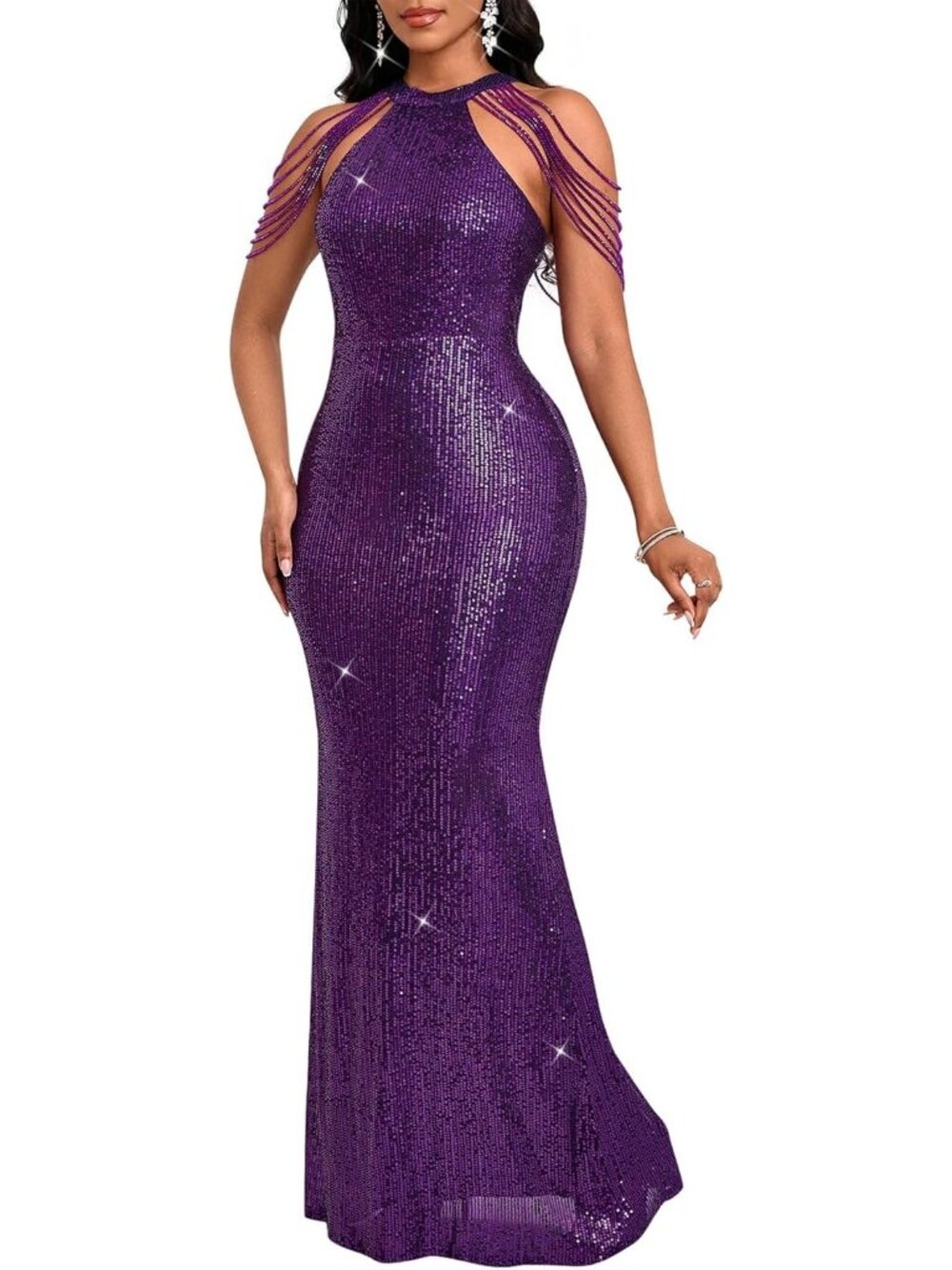 Women's Purple Elegant Sequin Tassel Off Shoulder Halter Bodycon Maxi Dress